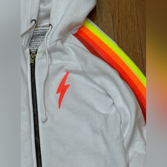 AVIATOR NATION WHITE ZIP UP NEON BOLT NEON STRIPES HOODIE - Picture 12 of 16